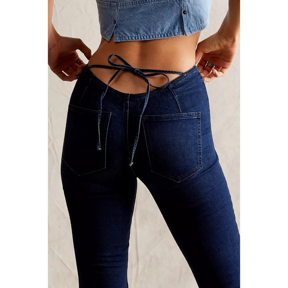NWT Free People Tie Back Flare Jeans Dark Blue 29